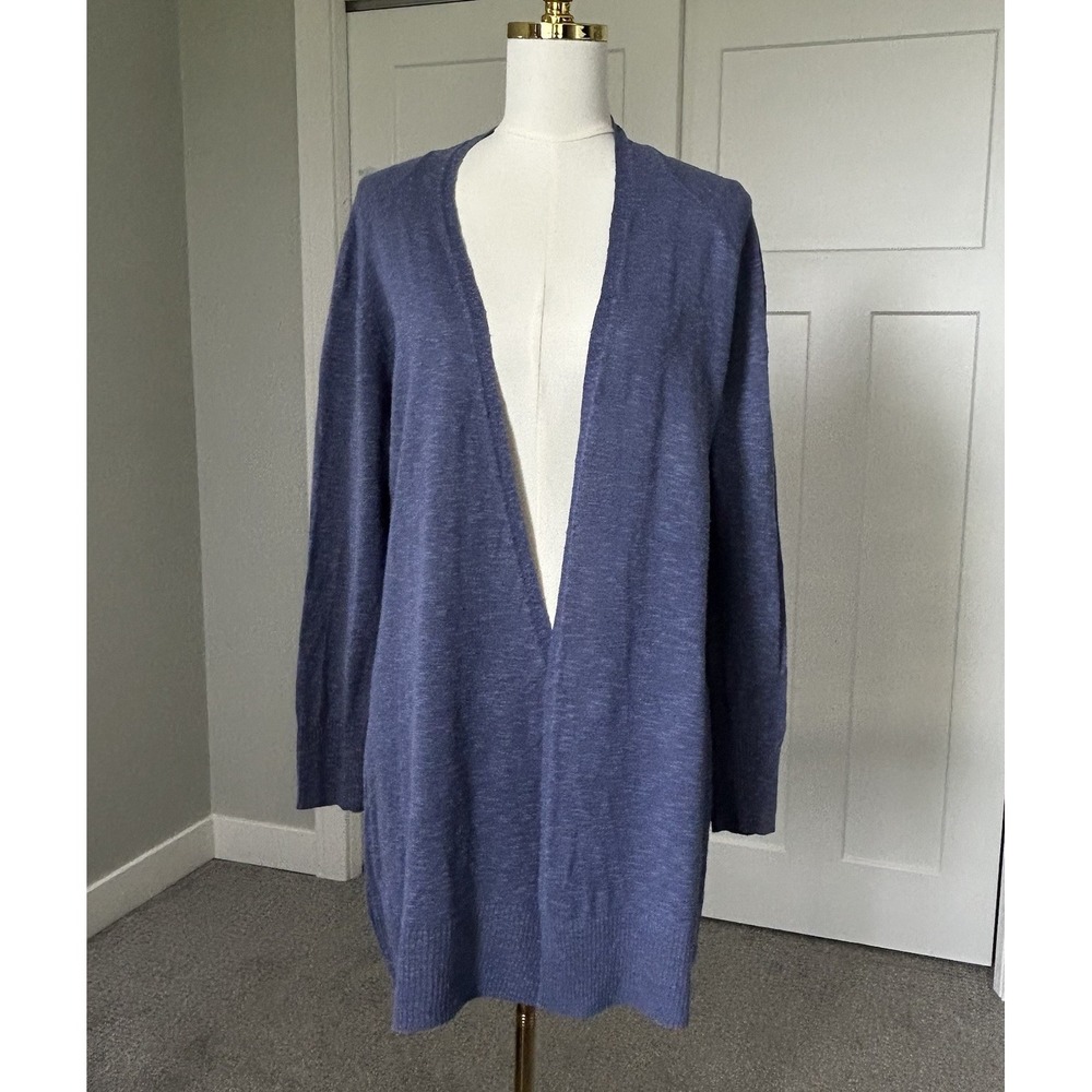 Eileen Fisher Womens M Blue Linen Cotton Slub Long Open Cardigan Sweater